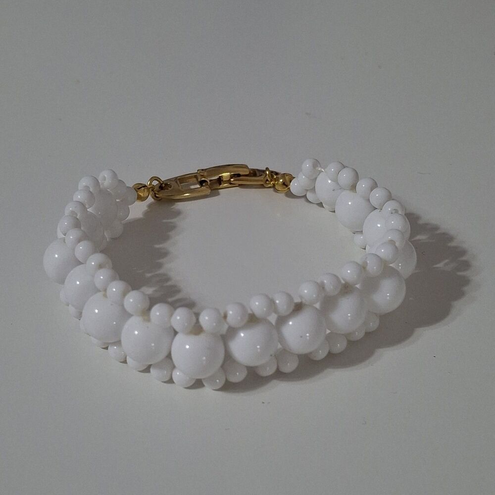 Vintage Napier Gold Tone White Milk Round Beaded Hinge Clasp Bracelet